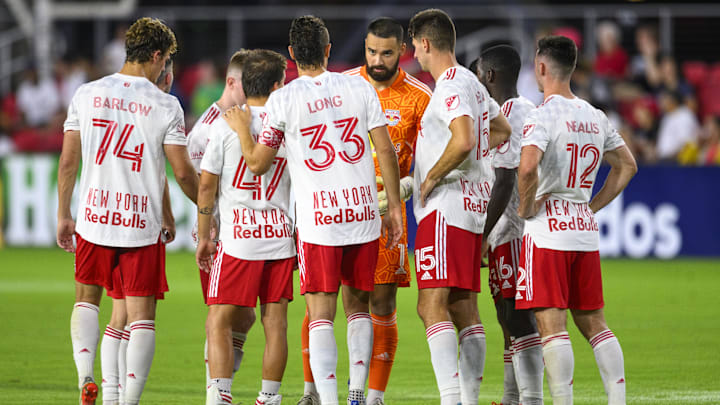 Aug 6, 2022; Washington, District of Columbia, USA; New York Red Bulls players huddle before the