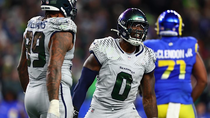 Dec 18, 2025; Seattle, Washington, USA; Seattle Seahawks defensive end Demarcus Lawrence (0) celebrates a sack against the Los Angeles Rams in the second half at Lumen Field. Dec 18, 2025; Seattle, Washington, USA; Seattle Seahawks defensive end Demarcus Lawrence (0) celebrates a sack against the Los Angeles Rams in the second half at Lumen Field.