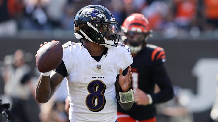 Oct 6, 2024; Cincinnati, Ohio, USA; Baltimore Ravens quarterback Lamar Jackson (8) drops to throw during the first half against the Cincinnati Bengals at Paycor Stadium. Mandatory Credit: Joseph Maiorana-Imagn Images