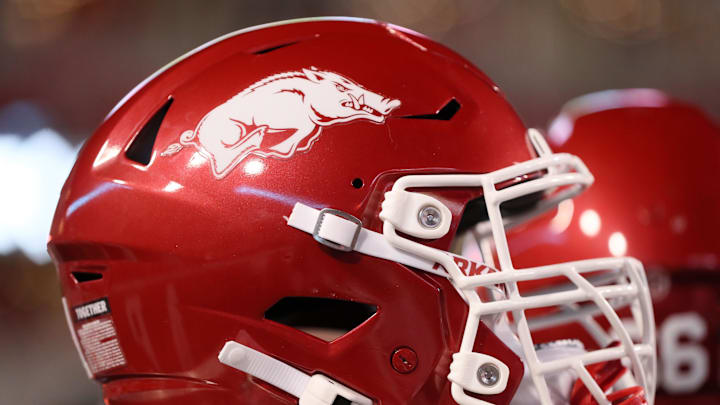 Nov 18, 2023; Fayetteville, Arkansas, USA; Arkansas Razorbacks helmet during the game against the FIU Panthers at Donald W. Reynolds Razorback Stadium. Arkansas won 44-20. Mandatory Credit: Nelson Chenault-Imagn Images Nov 18, 2023; Fayetteville, Arkansas, USA; Arkansas Razorbacks helmet during the game against the FIU Panthers at Donald W. Reynolds Razorback Stadium. Arkansas won 44-20. Mandatory Credit: Nelson Chenault-Imagn Images