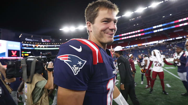 Aug 8, 2025; Foxborough, Massachusetts, USA; New England Patriots quarterback Drake Maye (10) reacts after defeating the Washington Commanders at Gillette Stadium. Mandatory Credit: Paul Rutherford-Imagn Images