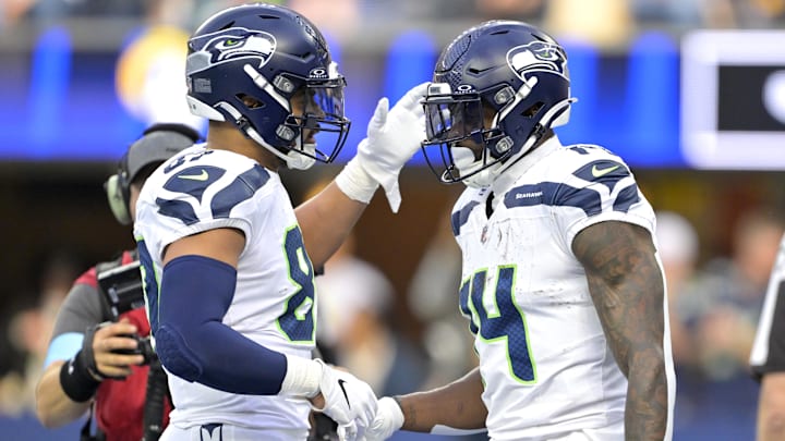 Seattle Seahawks WR DK Metcalf is congratulated by TE Noah Fant after a touchdown against the Los Angeles Rams.
