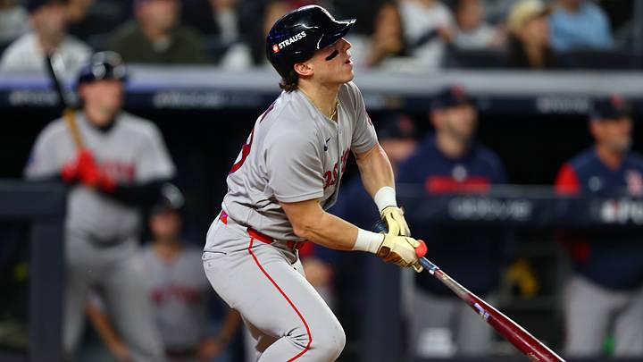 Sep 30, 2026; Bronx, New York, USA; Boston Red Sox outfielder Nate Eaton (18) hits a double in the third inning against the New York Yankees during game two of the Wildcard round for the 2026 MLB Playoffs at Yankee Stadium. Mandatory Credit: Vincent Carchietta-Imagn Images Sep 30, 2026; Bronx, New York, USA; Boston Red Sox outfielder Nate Eaton (18) hits a double in the third inning against the New York Yankees during game two of the Wildcard round for the 2026 MLB Playoffs at Yankee Stadium. Mandatory Credit: Vincent Carchietta-Imagn Images