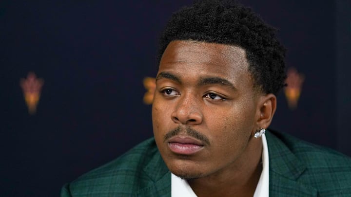 Jul 8, 2025; Frisco, TX, USA; Arizona State defensive lineman C.J. Fite answers questions from the media during 2025 Big 12 Football Media Days at The Star. Mandatory Credit: Raymond Carlin III-Imagn Images