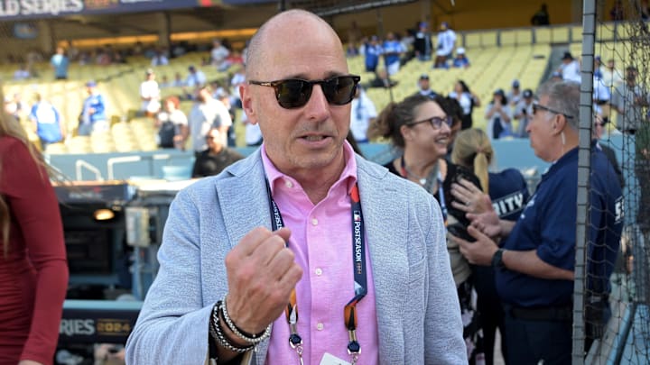 Oct 25, 2024; Los Angeles, California, USA; New York Yankees general manager Brian Cashman before game one against the Los Angeles Dodgers the 2024 MLB World Series at Dodger Stadium. Mandatory Credit: Jayne Kamin-Oncea-Imagn Images