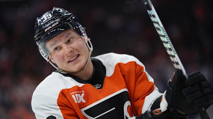 Oct 28, 2025; Philadelphia, Pennsylvania, USA; Philadelphia Flyers right wing Matvei Michkov (39) reacts against the Pittsburgh Penguins in the third period at Xfinity Mobile Arena. Oct 28, 2025; Philadelphia, Pennsylvania, USA; Philadelphia Flyers right wing Matvei Michkov (39) reacts against the Pittsburgh Penguins in the third period at Xfinity Mobile Arena.