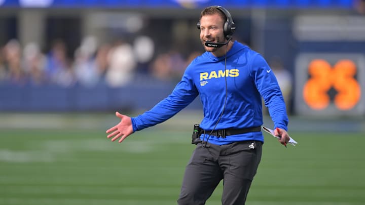 Nov 2, 2025; Inglewood, California, USA; Los Angeles head coach Sean McVay reacts after a touchdown by the Rams against the New Orleans Saints during the first half at SoFi Stadium. Mandatory Credit: Jayne Kamin-Oncea-Imagn Images