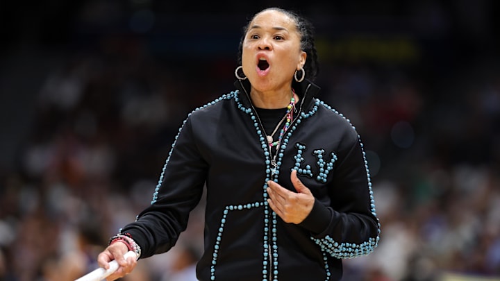 Apr 6, 2025; Tampa, FL, USA; South Carolina Gamecocks head coach Dawn Staley reacts during the first half of the national championship of the women's 2025 NCAA tournament against the Connecticut Huskies at Amalie Arena. Mandatory Credit: Nathan Ray Seebeck-Imagn Images