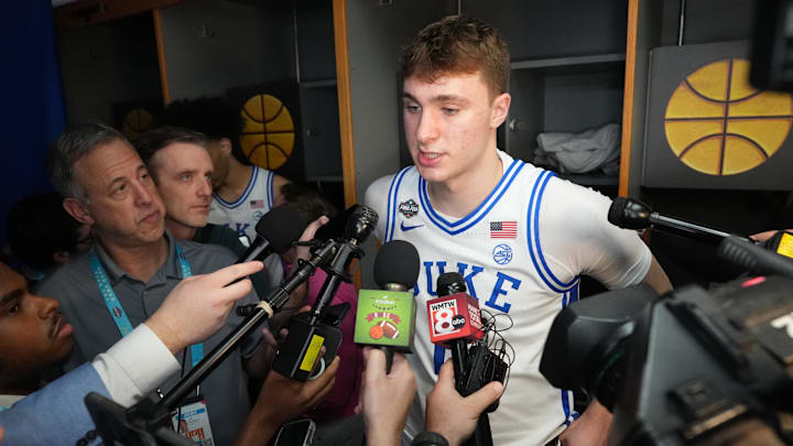 Apr 3, 2025; San Antonio, TX, USA; Duke Blue Devils forward Cooper Flagg (2) is interviewed during open locker room at Alamodome. Mandatory Credit: Bob Donnan-Imagn Images