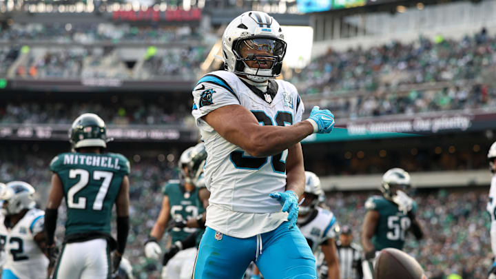 Dec 8, 2024; Philadelphia, Pennsylvania, USA;  Carolina Panthers running back Chuba Hubbard (30) reacts to his touchdown run against the Philadelphia Eagles during the third quarter at Lincoln Financial Field. Mandatory Credit: Bill Streicher-Imagn Images
