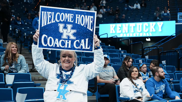 Fan Jody Weaver of Morehead made a sign to welcome former coach John Calipari before the Wildcats' game against the Razorbacks Saturday Feb. 1, 2025 at Rupp Arena in Lexington, Kentucky.