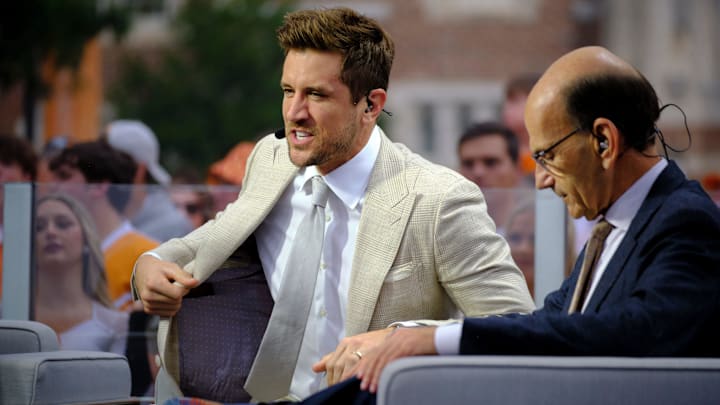 SEC Nation   s Jordan Rodgers and Paul Finebaum hosts the live filming of SEC Nation to kick off the Tennessee vs Texas A&M college football game, Saturday, October 14, 2023, in Knoxville Tennessee. (Shawn Millsaps/Special to News Sentinel)