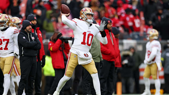 Nov 30, 2025; Cleveland, Ohio, USA;  San Francisco 49ers quarterback Mac Jones (10) warms up before the game against the Cleveland Browns at Huntington Bank Field. Mandatory Credit: Scott Galvin-Imagn Images