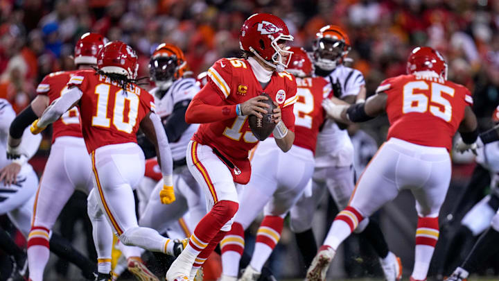 Kansas City Chiefs quarterback Patrick Mahomes (15) scrambles in the first quarter of the AFC