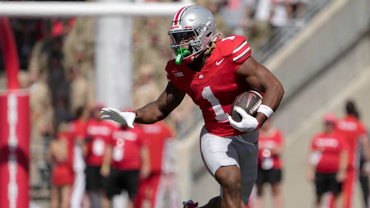 Sept. 21, 2024; Columbus, Ohio, USA;
Ohio State Buckeyes running back Quinshon Judkins (1) runs the football during the first half of an NCAA Division I football game against the Marshall Thundering Herd at Ohio Stadium on Saturday. Sept. 21, 2024; Columbus, Ohio, USA;
Ohio State Buckeyes running back Quinshon Judkins (1) runs the football during the first half of an NCAA Division I football game against the Marshall Thundering Herd at Ohio Stadium on Saturday.