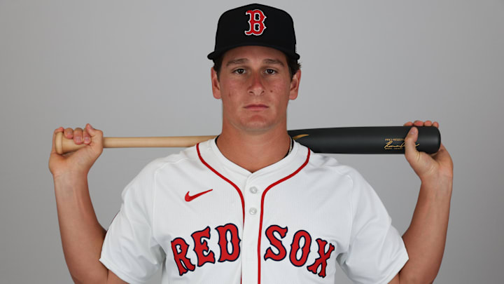 Feb 18, 2025; Lee County, FL, USA; Boston Red Sox outfielder Roman Anthony (48) participates in media day at JetBlue Park at Fenway South. Mandatory Credit: Nathan Ray Seebeck-Imagn Images