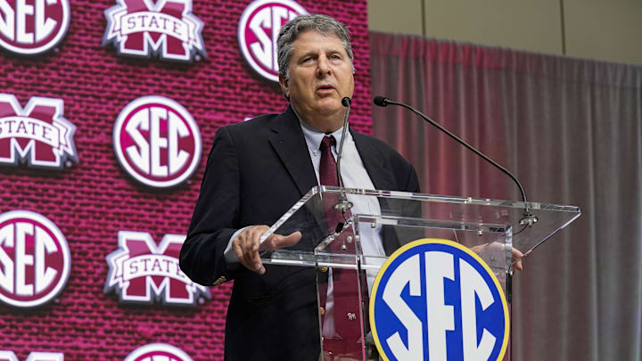 Jul 19, 2022; Atlanta, GA, USA; Mississippi State head coach Mike Leach shown on the stage during SEC Media Days at the College Football Hall of Fame. Mandatory Credit: Dale Zanine-Imagn Images