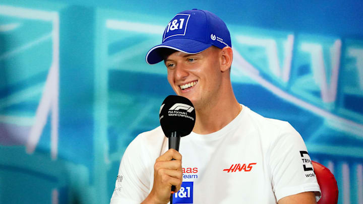 May 6, 2022; Miami Gardens, Florida, USA; Haas driver Mick Schumacher of Germany talks with the media during a press conference before their practice session for the Miami Grand Prix at Miami International Autodrome. Mandatory Credit: John David Mercer-USA TODAY Sports