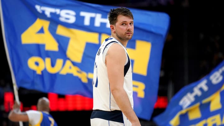 Apr 2, 2024; San Francisco, California, USA; Dallas Mavericks guard Luka Doncic (77) stands on the Apr 2, 2024; San Francisco, California, USA; Dallas Mavericks guard Luka Doncic (77) stands on the