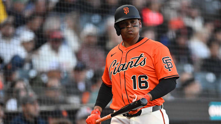Jun 20, 2025; San Francisco, California, USA; San Francisco Giants designated hitter Rafael Devers (16) waits to bat against the Boston Red Sox in the first inning at Oracle Park. 