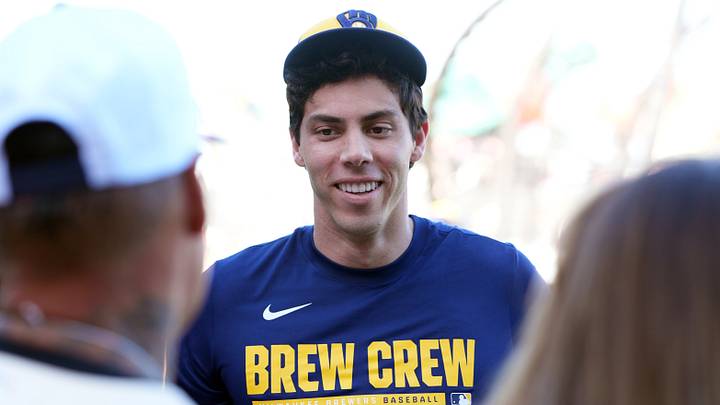 Jul 27, 2026; San Francisco, California, USA; Milwaukee Brewers designated hitter Christian Yelich (22) talks to fans before the game against the San Francisco Giants at Oracle Park. Mandatory Credit: Darren Yamashita-Imagn Images Jul 27, 2026; San Francisco, California, USA; Milwaukee Brewers designated hitter Christian Yelich (22) talks to fans before the game against the San Francisco Giants at Oracle Park. Mandatory Credit: Darren Yamashita-Imagn Images