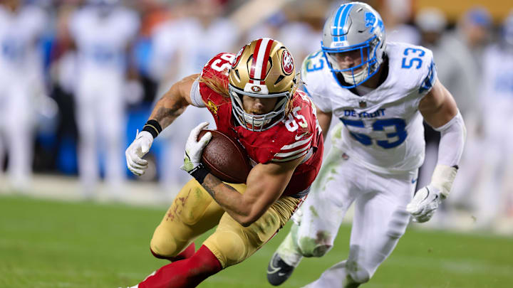 Dec 30, 2024; Santa Clara, California, USA; San Francisco 49ers tight end George Kittle (85) during the game against the Detroit Lions at Levi's Stadium. Mandatory Credit: Sergio Estrada-Imagn Images