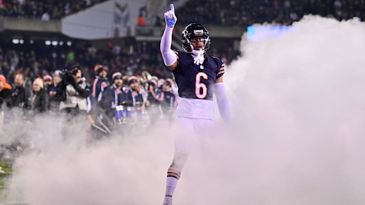 Dec 26, 2024; Chicago, Illinois, USA; Chicago Bears cornerback Kyler Gordon (6) enters the field before the game against the Seattle Seahawks at Soldier Field. Mandatory Credit: Daniel Bartel-Imagn Images