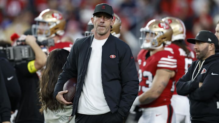 Dec 28, 2025; Santa Clara, California, USA;  San Francisco 49ers head coach Kyle Shanahan looks on before the game against the Chicago Bears at Levi's Stadium. Mandatory Credit: Sergio Estrada-Imagn Images