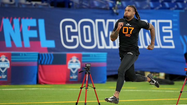 Miami wide receiver Sam Brown (WO07) during the 2025 NFL Combine at Lucas Oil Stadium. 