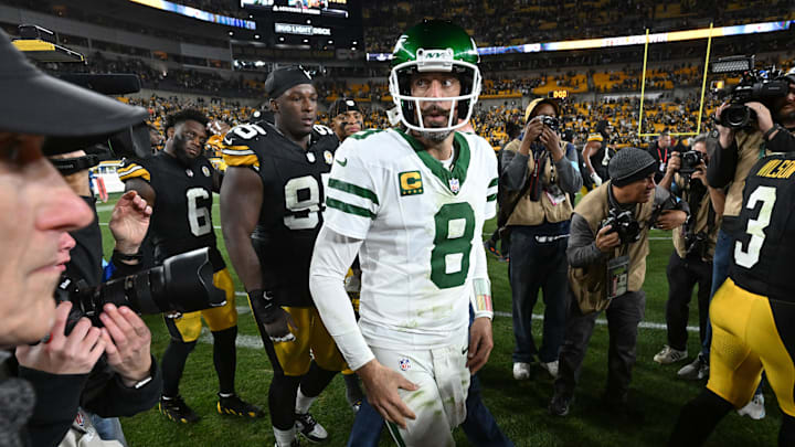 Oct 20, 2024; Pittsburgh, Pennsylvania, USA; New York Jets quarterback Aaron Rodgers (8) reacts following a loss to the Pittsburgh Steelers at Acrisure Stadium. Mandatory Credit: Barry Reeger-Imagn Images Oct 20, 2024; Pittsburgh, Pennsylvania, USA; New York Jets quarterback Aaron Rodgers (8) reacts following a loss to the Pittsburgh Steelers at Acrisure Stadium. Mandatory Credit: Barry Reeger-Imagn Images