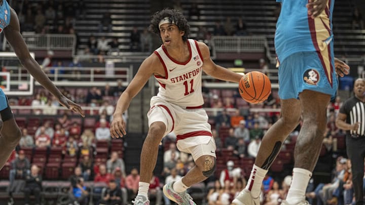 Jan 25, 2025; Stanford, California, USA;  Stanford Cardinal guard Ryan Agarwal (11) controls the ball during the first half against the Florida State Seminoles at Maples Pavilion. Mandatory Credit: Stan Szeto-Imagn Images