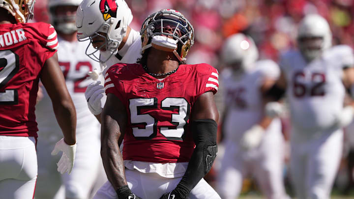 Oct 6, 2024; Santa Clara, California, USA; San Francisco 49ers linebacker Dee Winters (53) reacts after a tackle against the Arizona Cardinals during the first quarter at Levi's Stadium. Mandatory Credit: Darren Yamashita-Imagn Images