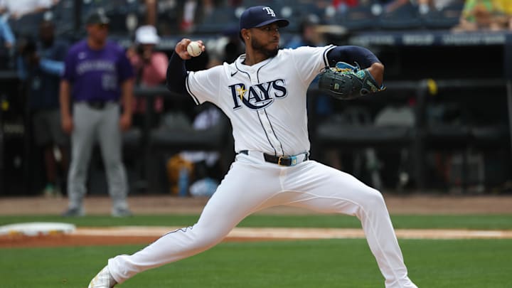 Mar 30, 2025; Tampa, Florida, USA; Tampa Bay Rays starting pitcher Taj Bradley (45) throws a pitch during the first inning against the Colorado Rockies at George M. Steinbrenner Field. Mandatory Credit: Kim Klement Neitzel-Imagn Images