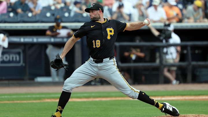 Mar 16, 2025; Tampa, Florida, USA;  Pittsburgh Pirates pitcher Tim Mayza (18) throws a pitch during the fourth inning against the New York Yankees at George M. Steinbrenner Field. Mandatory Credit: Kim Klement Neitzel-Imagn Images