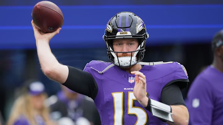 Oct 12, 2025; Baltimore, Maryland, USA; Baltimore Ravens quarterback Cooper Rush (15) warms up prior to the game against the Los Angeles Rams at M&T Bank Stadium. Mandatory Credit: Mitch Stringer-Imagn Images Oct 12, 2025; Baltimore, Maryland, USA; Baltimore Ravens quarterback Cooper Rush (15) warms up prior to the game against the Los Angeles Rams at M&T Bank Stadium. Mandatory Credit: Mitch Stringer-Imagn Images