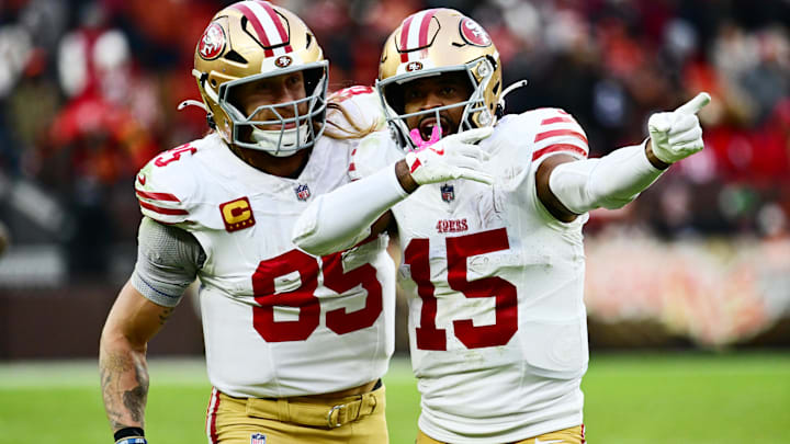 Nov 30, 2025; Cleveland, Ohio, USA; San Francisco 49ers wide receiver Jauan Jennings (15) celebrates with tight end George Kittle (85) after a first down catch against the Cleveland Browns during the fourth quarter at Huntington Bank Field. Mandatory Credit: Ken Blaze-Imagn Images