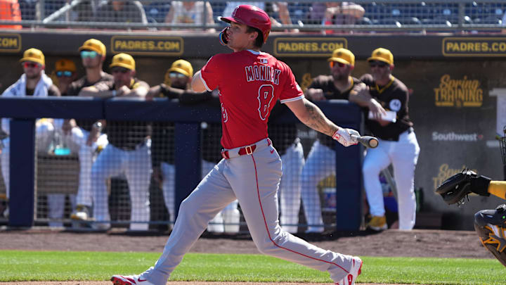 Feb 25, 2025; Peoria, Arizona, USA; Los Angeles Angels outfielder Mickey Moniak (8) bats against the San Diego Padres during the first inning at Peoria Sports Complex. Mandatory Credit: Rick Scuteri-Imagn Images