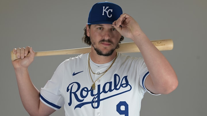 Feb 19, 2025; Surprise, AZ, USA; Kansas City Royals first baseman Vinnie Pasquantino (9) poses for a photo during media day. Mandatory Credit: Jayne Kamin-Oncea-Imagn Images Feb 19, 2025; Surprise, AZ, USA; Kansas City Royals first baseman Vinnie Pasquantino (9) poses for a photo during media day. Mandatory Credit: Jayne Kamin-Oncea-Imagn Images