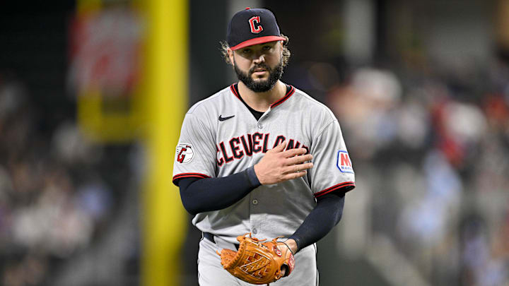 Aug 24, 2025; Arlington, Texas, USA; Cleveland Guardians relief pitcher Jakob Junis (16) comes off the field after he pitches against the Texas Rangers during the sixth inning at Globe Life Field. 