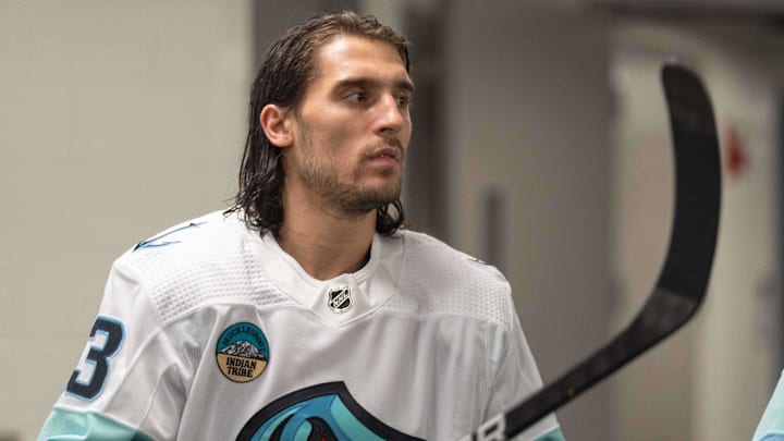 Apr 1, 2024; San Jose, California, USA; Seattle Kraken left wing Brandon Tanev (13) prepare for warmups before the start of the first period against the San Jose Sharks at SAP Center at San Jose. Mandatory Credit: Stan Szeto-Imagn Images Apr 1, 2024; San Jose, California, USA; Seattle Kraken left wing Brandon Tanev (13) prepare for warmups before the start of the first period against the San Jose Sharks at SAP Center at San Jose. Mandatory Credit: Stan Szeto-Imagn Images