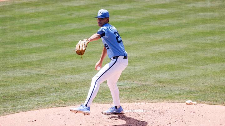Jun 7, 2025; Chapel Hill, NC, USA; North Carolina pitcher Jason DeCaro (29) pitches the ball during the first inning of the Super Regionals game against Arizona in Chapel Hill, North Carolina. Mandatory Credit: Jaylynn Nash-Imagn Images