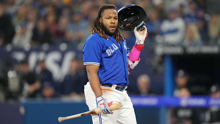 Sep 26, 2023; Toronto, Ontario, CAN; Toronto Blue Jays first baseman Vladimir Guerrero Jr. (27) reacts after being called out on strikes against the New York Yankees during the first inning at Rogers Centre. Mandatory Credit: Nick Turchiaro-Imagn Images