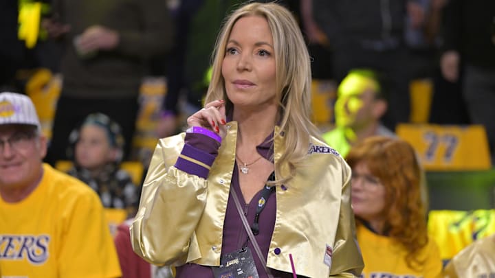 Former owner and president of the Los Angeles Lakers Jeanie Buss attends the game against the Utah Jazz at Crypto.com Arena. Former owner and president of the Los Angeles Lakers Jeanie Buss attends the game against the Utah Jazz at Crypto.com Arena.
