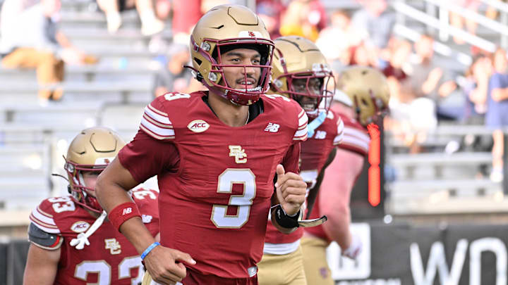 Aug 30, 2025; Chestnut Hill, Massachusetts, USA; Boston College Eagles quarterback Grayson James (3) reacts to his touchdown pass against the Fordham Rams during the second half at Alumni Stadium. Mandatory Credit: Eric Canha-Imagn Images