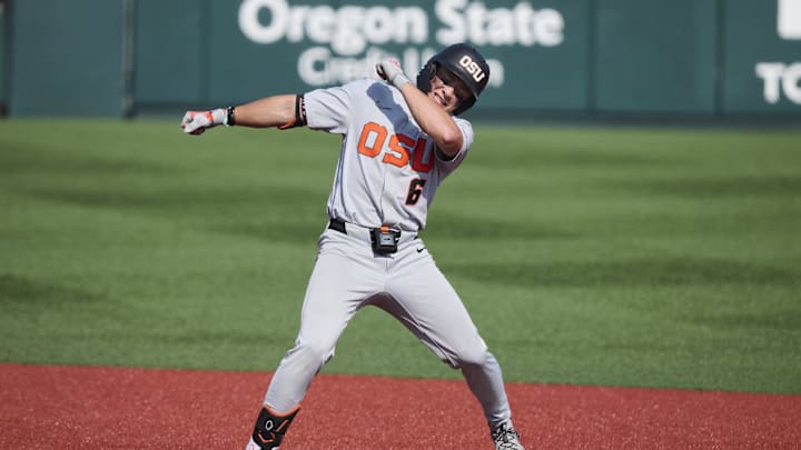 Jun 1, 2025; Corvallis, OR, USA; Oregon St. outfielder Easton Talt (6) celebrates after hitting a double in the sixth inning against Saint Mary's at the NCAA Corvallis Regional at Goss Stadium. Mandatory Credit: Troy Wayrynen-Imagn Images