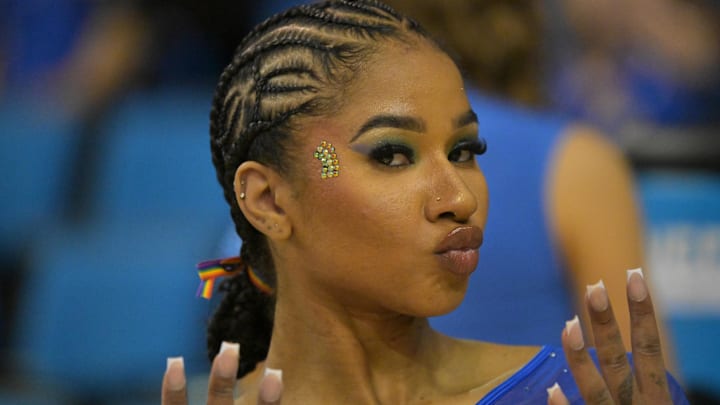 Jan 30, 2026; Los Angeles, CA, USA;  UCLA Bruins Jordan Chiles looks on during the gymnastics meet against the Washington Huskies at Pauley Pavilion. 