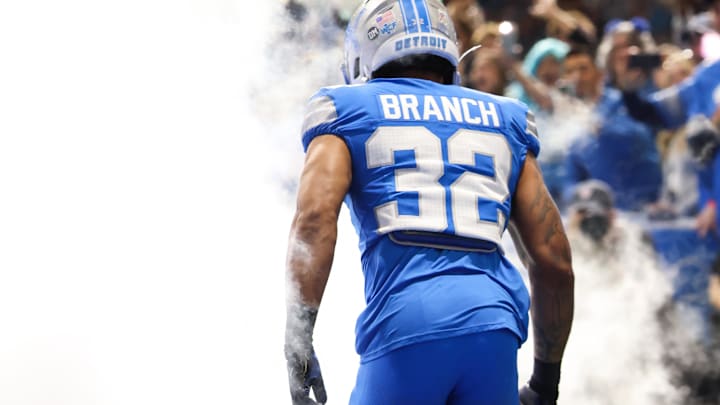 Nov 2, 2025; Detroit, Michigan, USA; Detroit Lions defensive back Brian Branch (32) enters the field before the game against the Minnesota Vikings at Ford Field. Mandatory Credit: David Reginek-Imagn Images