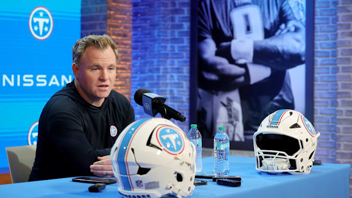 Titans general manager Mike Borgonzi speaks to members of the media during a pre NFL draft press conference held at the Titans practice facility Thursday, April 16, 2026.