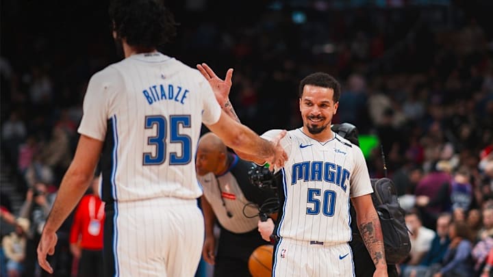Orlando Magic guard Cole Anthony (50) celebrates with center Goga Bitadze (35) during the Magic's Jan. 3 win at Toronto. Orlando Magic guard Cole Anthony (50) celebrates with center Goga Bitadze (35) during the Magic's Jan. 3 win at Toronto.