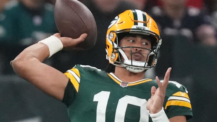 Sep 6, 2024; Sao Paulo, BRA; Green Bay Packers quarterback Jordan Love (10) throws during the second half against the Philadelphia Eagles at Neo Quimica Arena. Mandatory Credit: Kirby Lee-Imagn Images